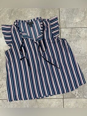 Timing Navy, White & Red Striped Ruffle Tie-Front Camisole
